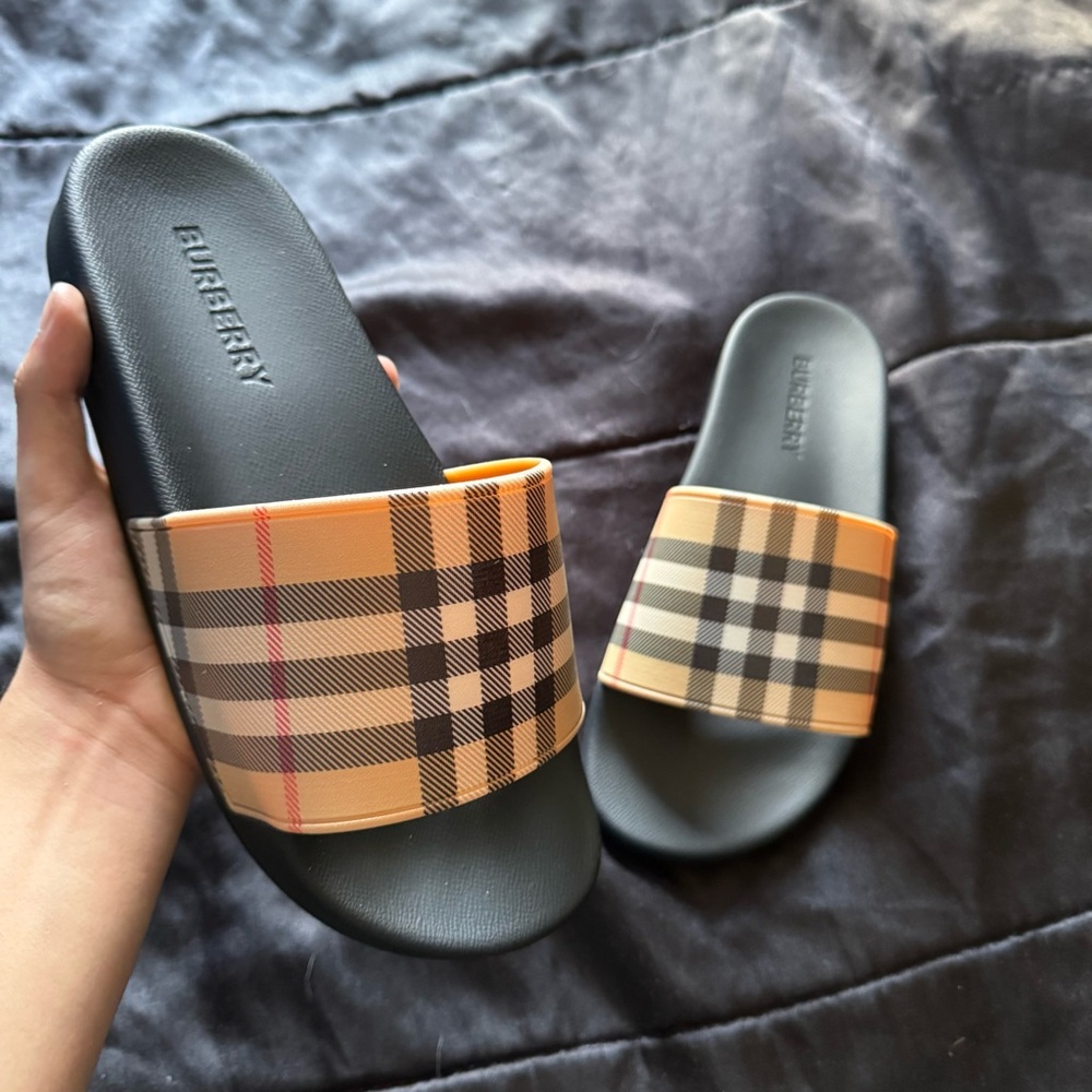 Burberry Black and Tan Check Slide Sandals